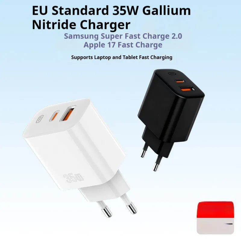 35W European standard multi-port USB charger in black with Type-C and USB-A ports on a white background