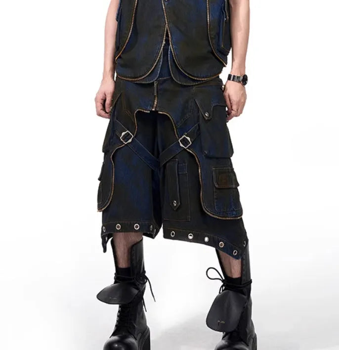 Blue hooded denim vest coat with matching trousers men's casual outfit set Korean style