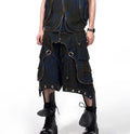 Blue hooded denim vest coat with matching trousers men's casual outfit set Korean style