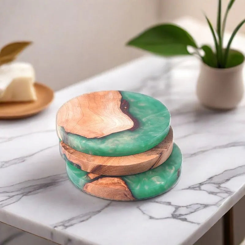 Nordic style wooden coasters in round and irregular shapes measuring 9.8cm