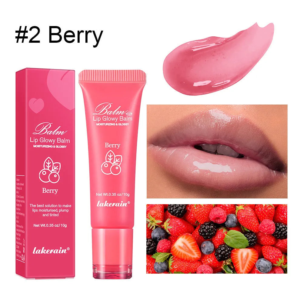 Women's lip gloss in four fruit flavour shades: Berry, Grape, Grapefruit, and Yellow Peach