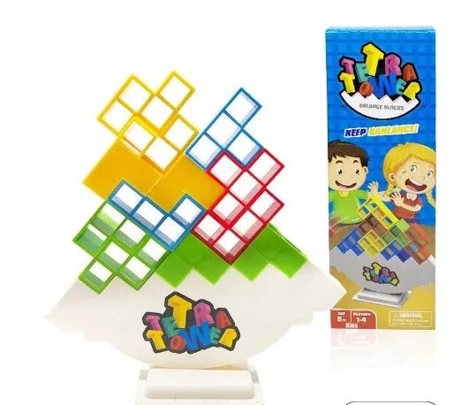 Plastic balance stacking game with 16 coloured blocks, chassis and base on table
