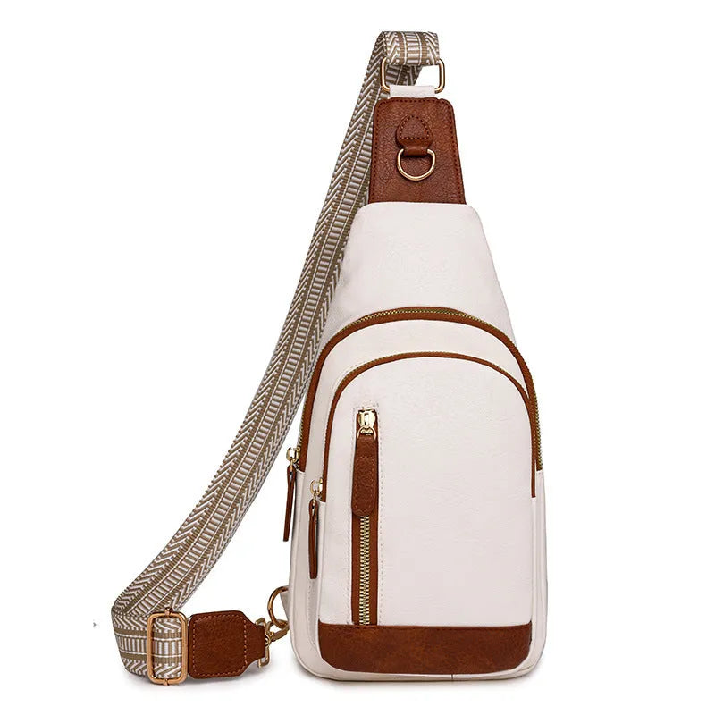 Soft brown women's crossbody chest bag showing zip compartments and street-style sewing thread detail