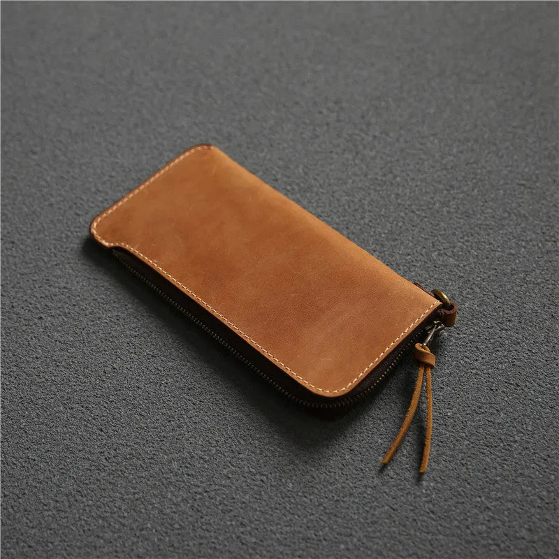 Men's genuine leather zip wallet 18cm top layer cowhide dark brown Crazy Horse leather sewing line detail