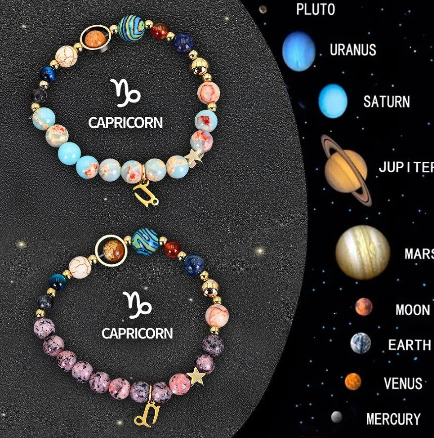 Twelve zodiac sign natural stone bead bracelets with astrology charms