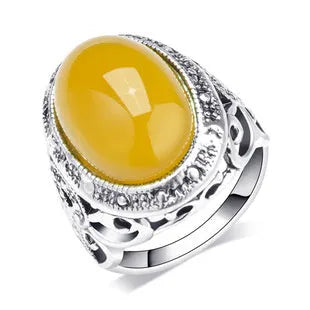 Geometric alloy ring with an antique silver amber electroplated finish.