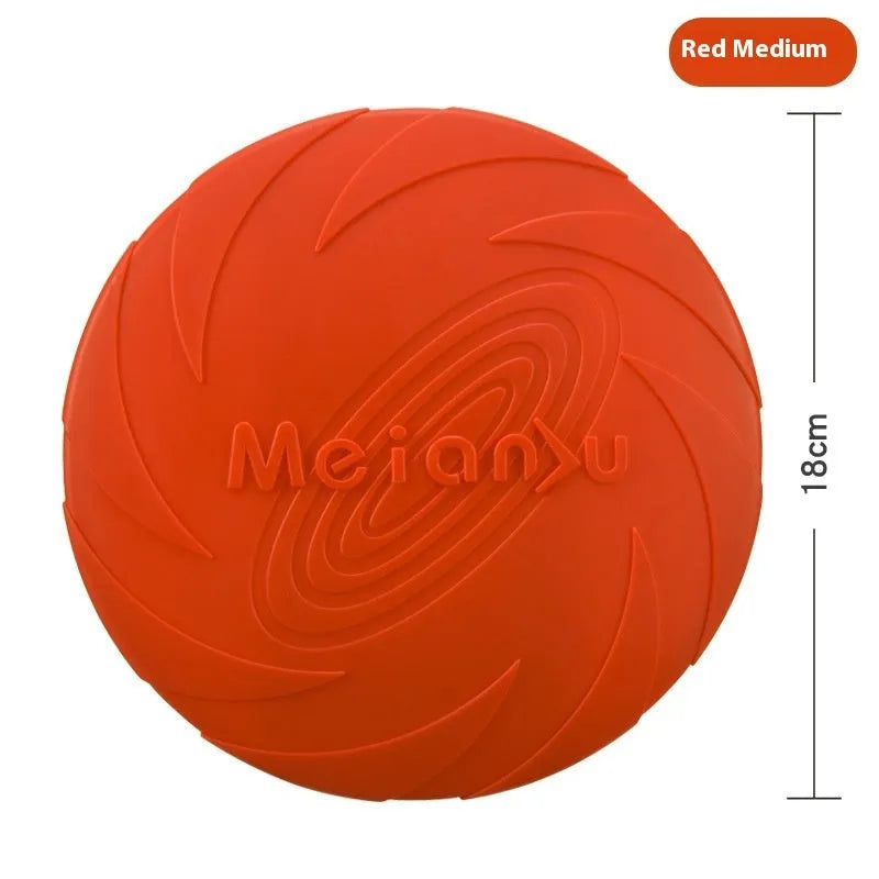 Soft rubber dog frisbee in red, blue and green colour options showing small, medium and large size variations