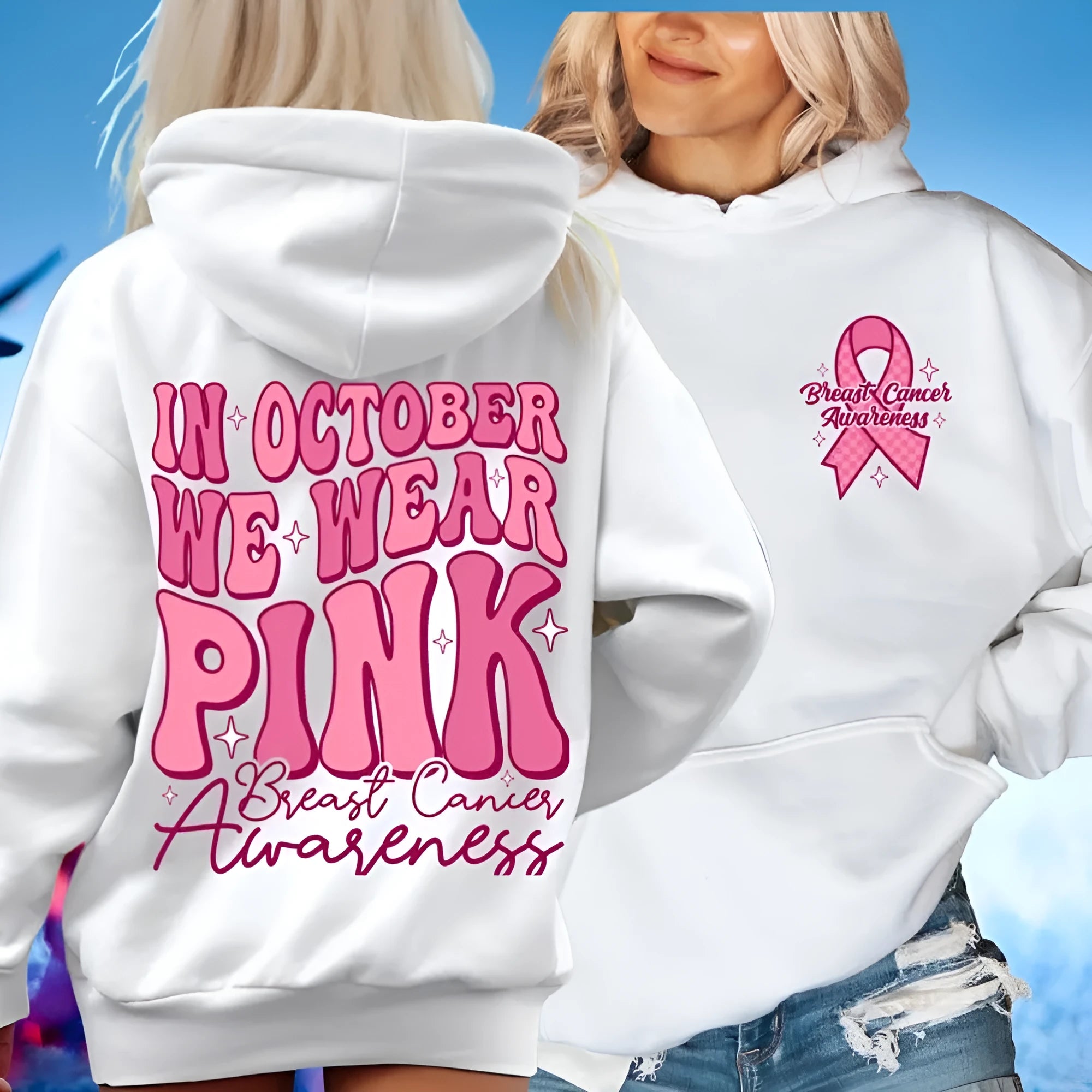 Breast cancer awareness pullover hoodie with retro hot stamping art design and a side seam pocket.