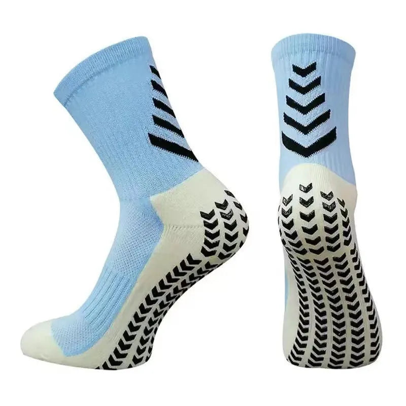Men's mid-calf athletic socks with geometric patterns and non-slip silicone grips