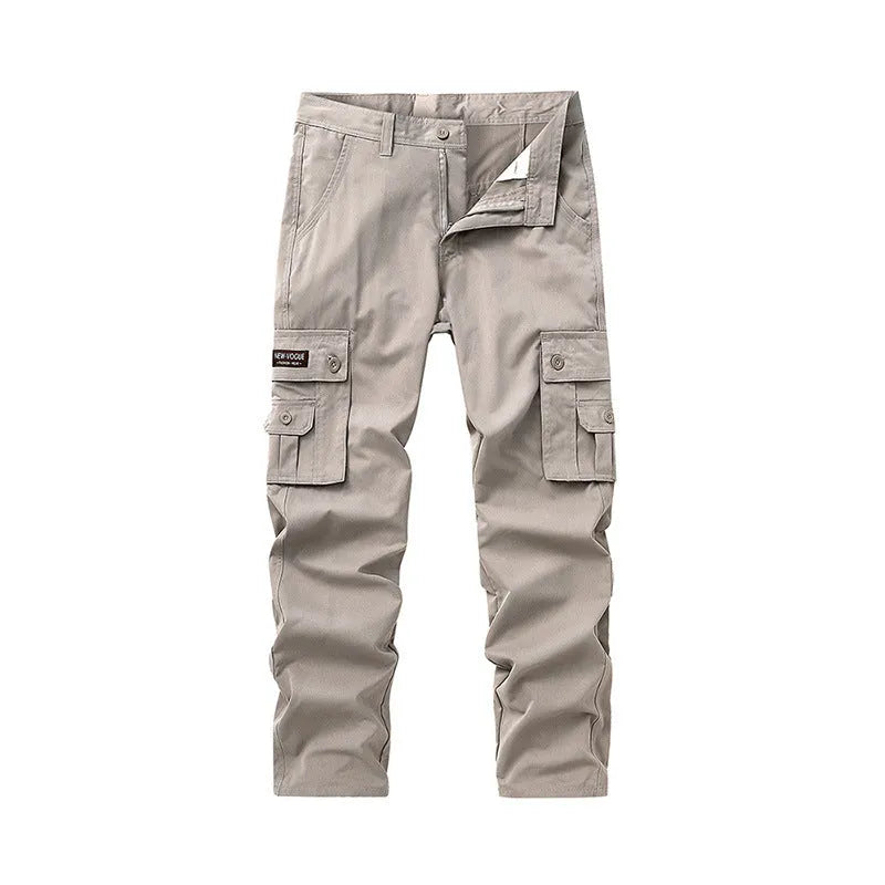 Multi-pocket cargo trousers in pure cotton with straight leg and drawstring mid waist in khaki green