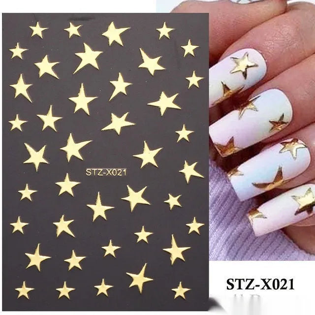 Close-up of a cartoon-style nail sticker with black and silver strips and a love pattern design on a fingernail.