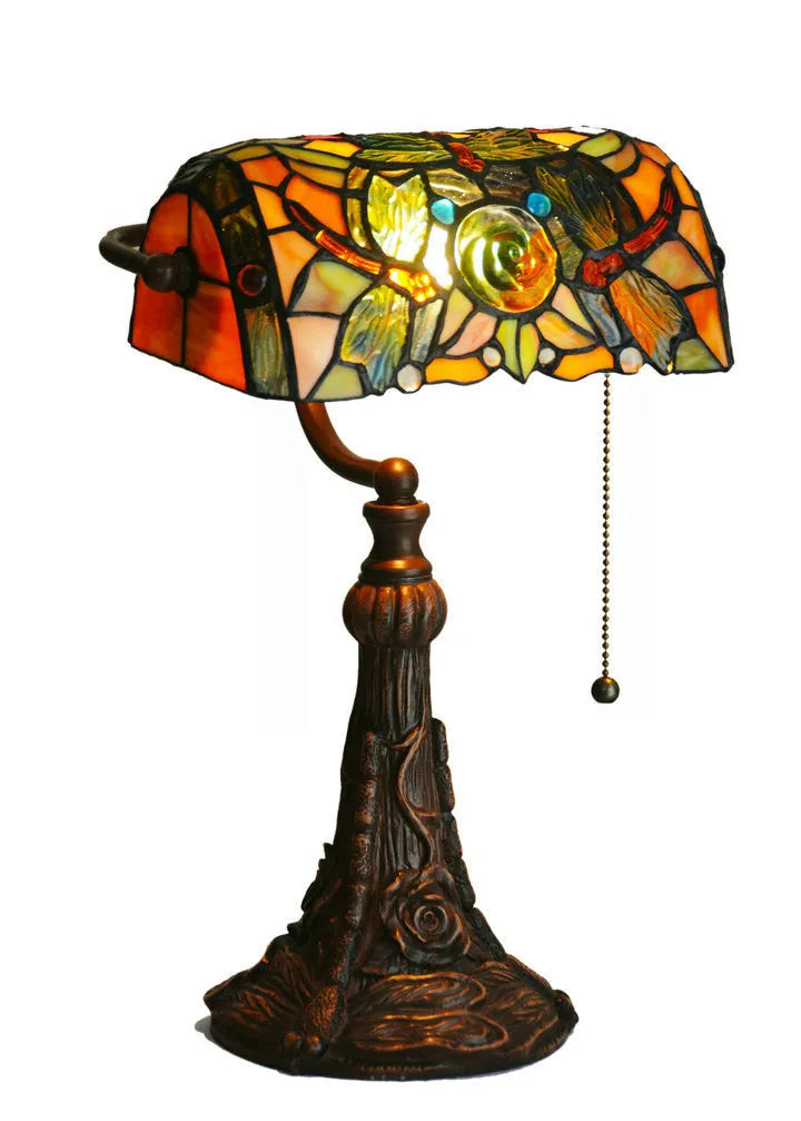 10-inch Tiffany style stained glass table lamp with resin base on a wooden desk.