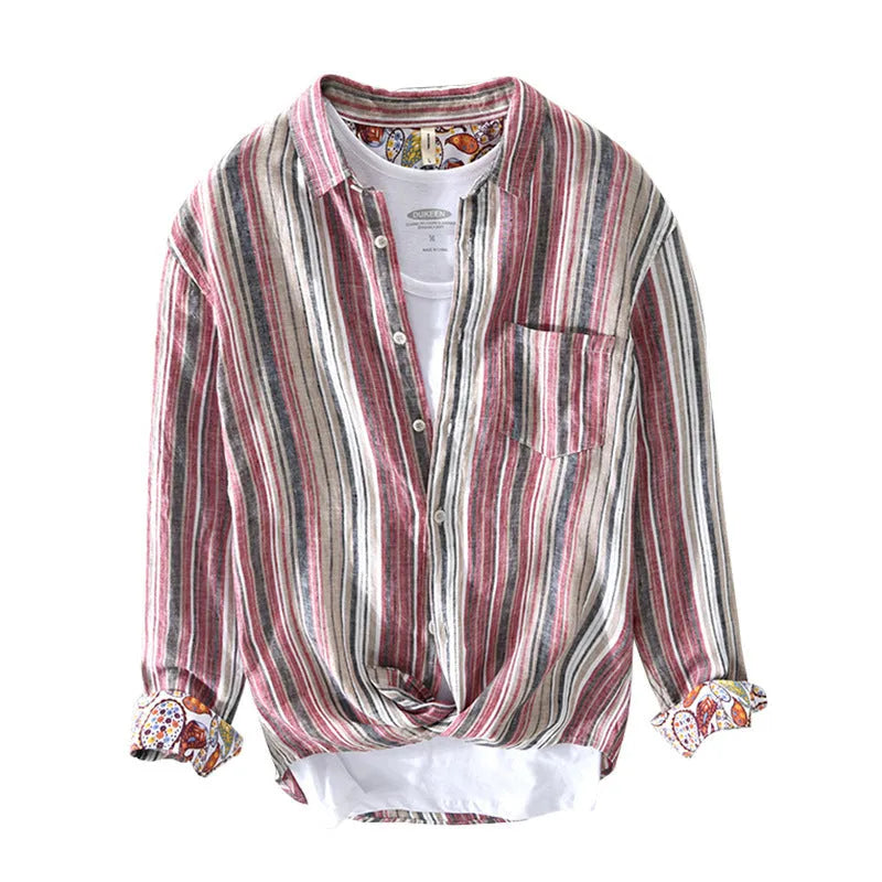 Men's striped linen casual shirt in loose fit with long sleeves, available in red and grey colours