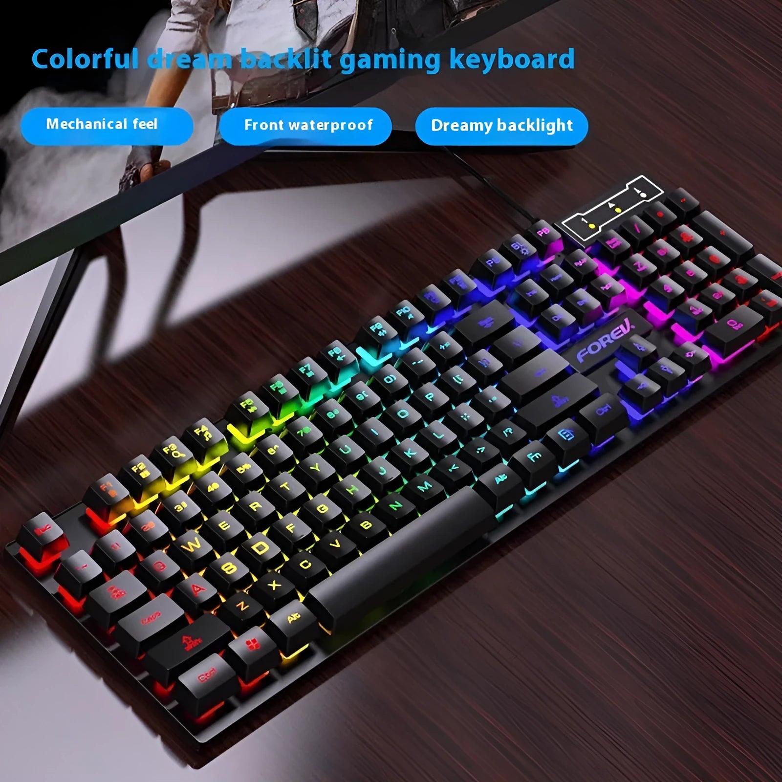 Black 104-key backlit gaming keyboard with mouse on desk, showing compact ABS build and 1.5m cable