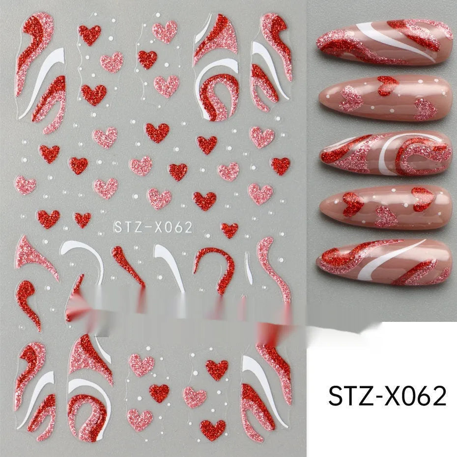 Close-up of a cartoon-style nail sticker with black and silver strips and a love pattern design on a fingernail.