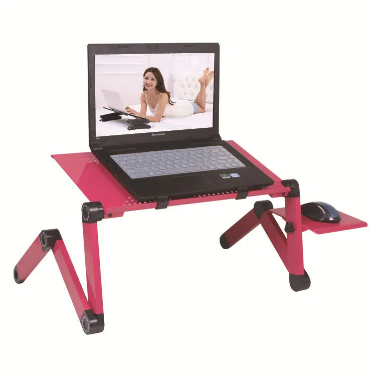 Folding computer desk with metal frame shown in black colour with cooling fans and mouse board accessory