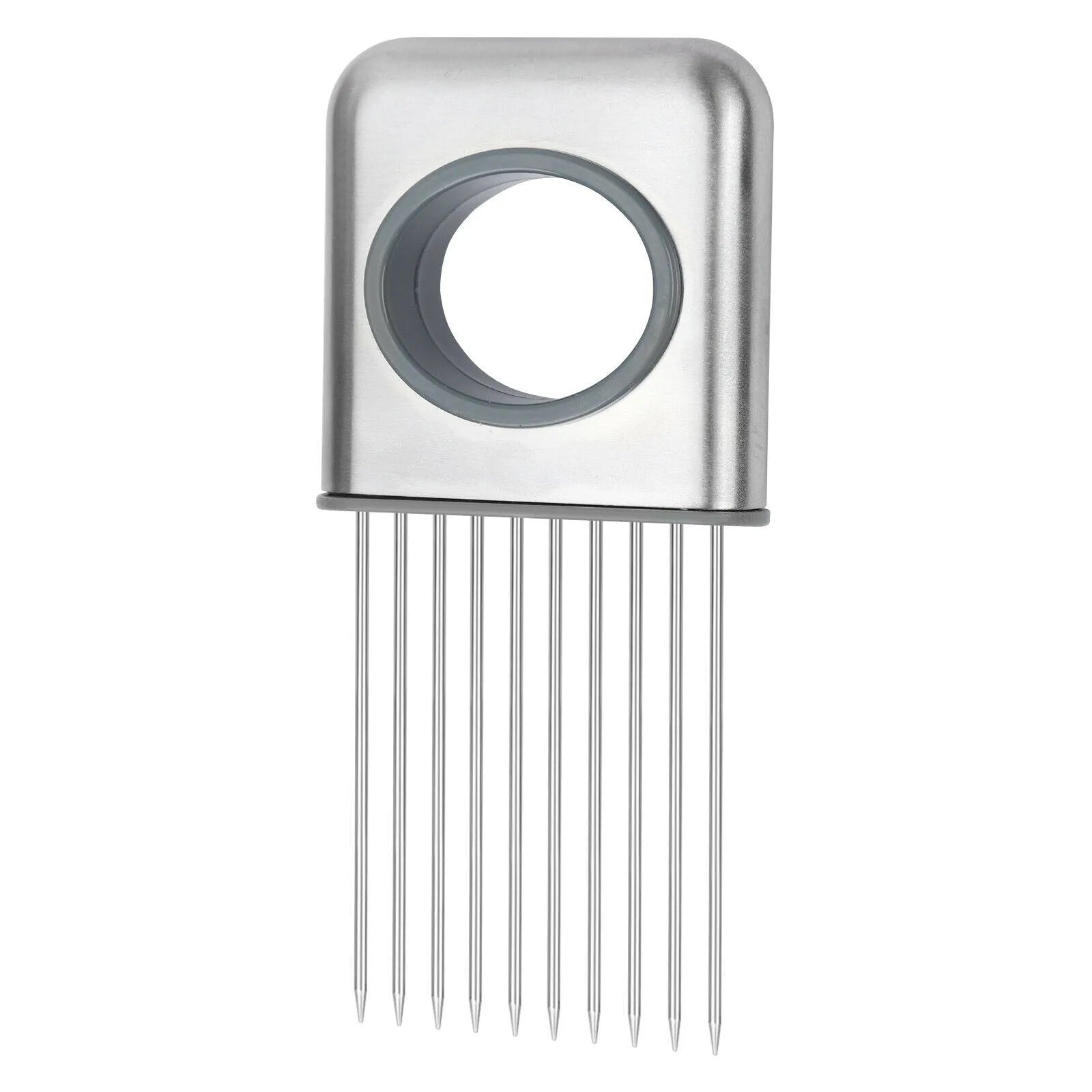 Stainless steel and ABS kitchen food slicer and onion holder on a work surface