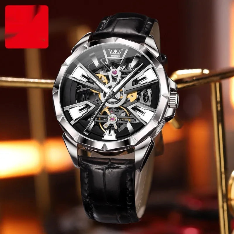 Automatic mechanical watch for men with skeleton dial, stainless steel case, and brown leather strap.