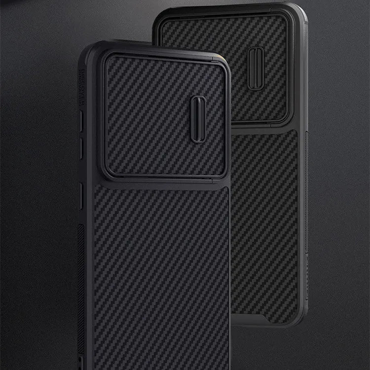 Black Samsung S23 Ultra mobile phone case with a flip-up lens cover over the camera, showing TPU+PC+carbon fibre construction.