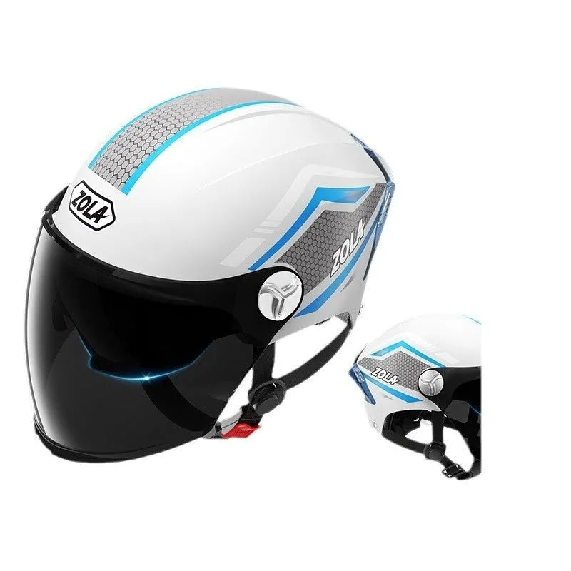 Battery-powered motorcycle half helmet with LED lights and double mirror visor in light brown colour