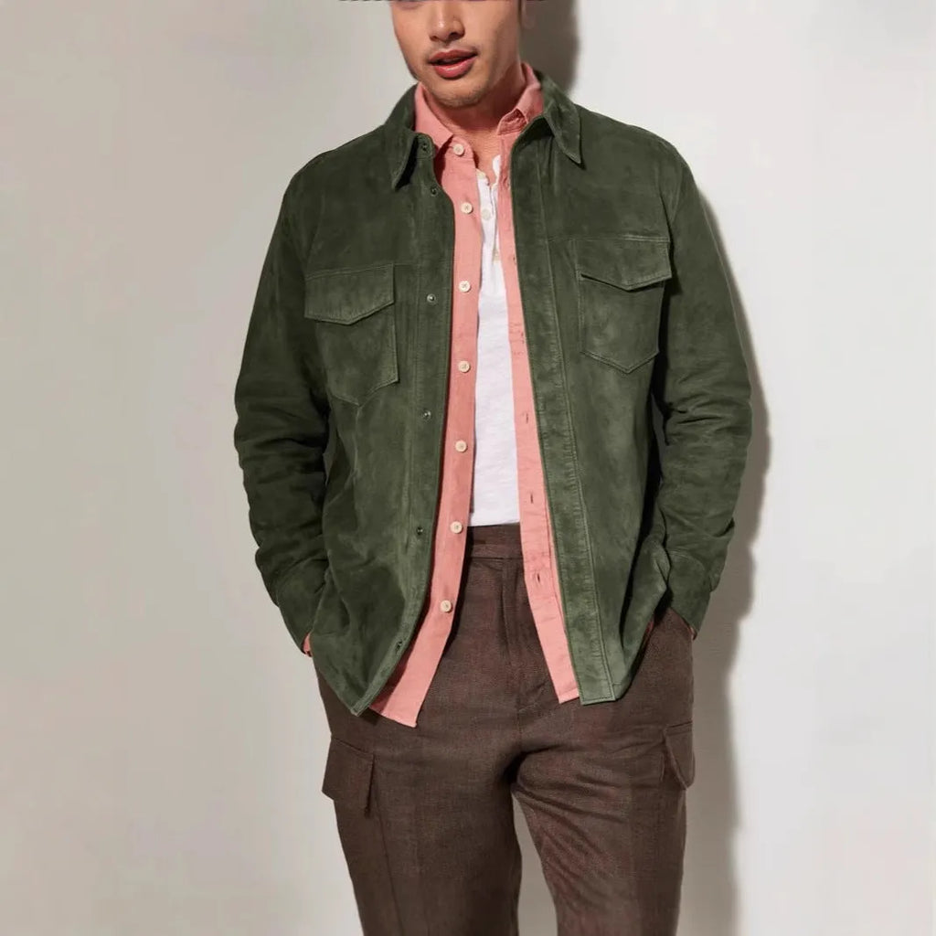 Noah suede shirt jacket for men in brown, front view, polyester fibre regular length