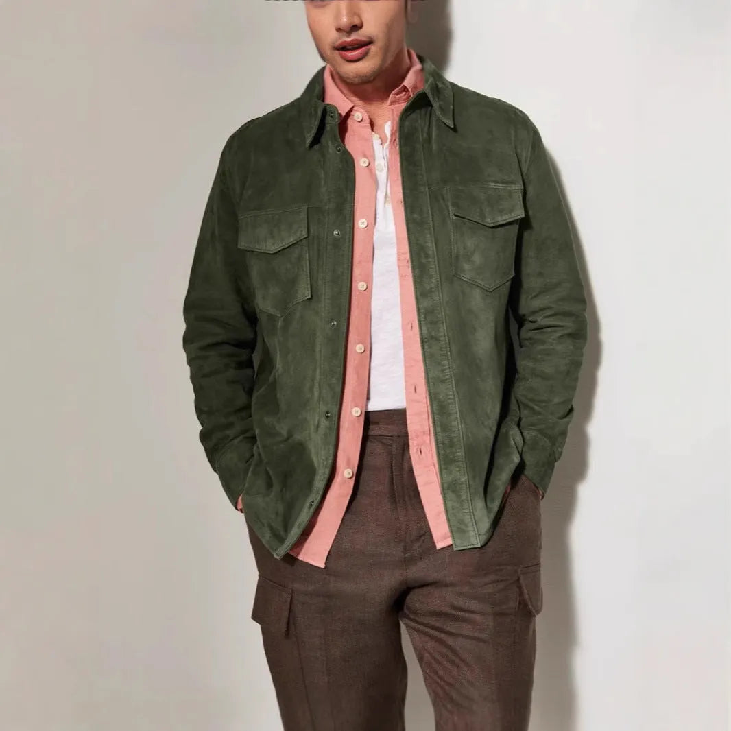 Noah suede shirt jacket for men in brown, front view, polyester fibre regular length
