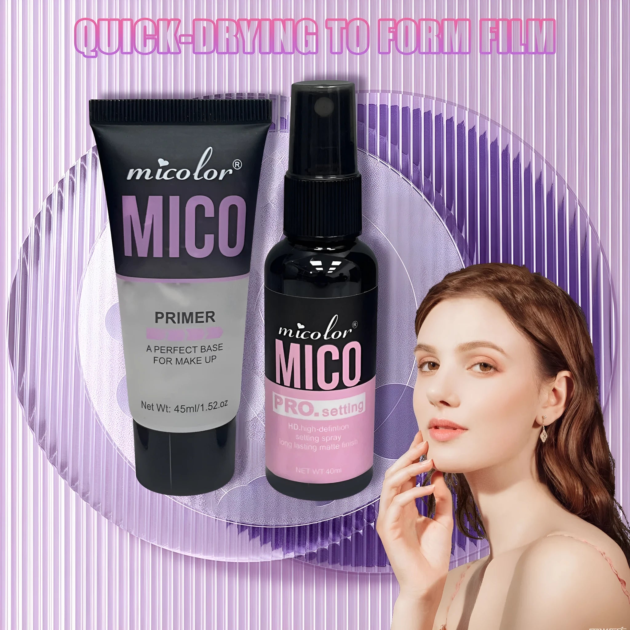 Two monochrome makeup spray bottles: 45ml pre makeup lotion and 40ml finishing spray