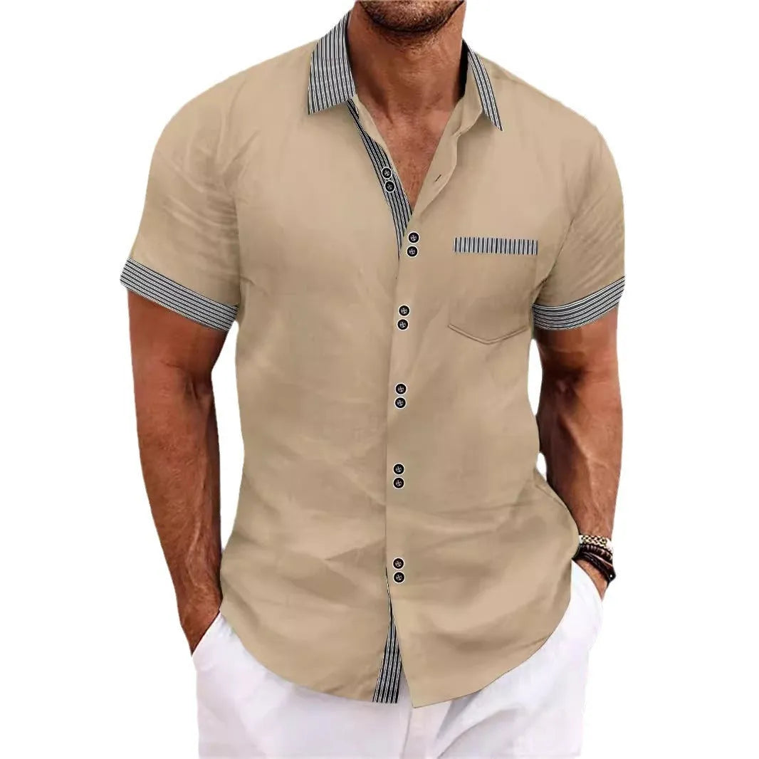Men's slim fit striped casual shirt in pure cotton with double button short sleeves.