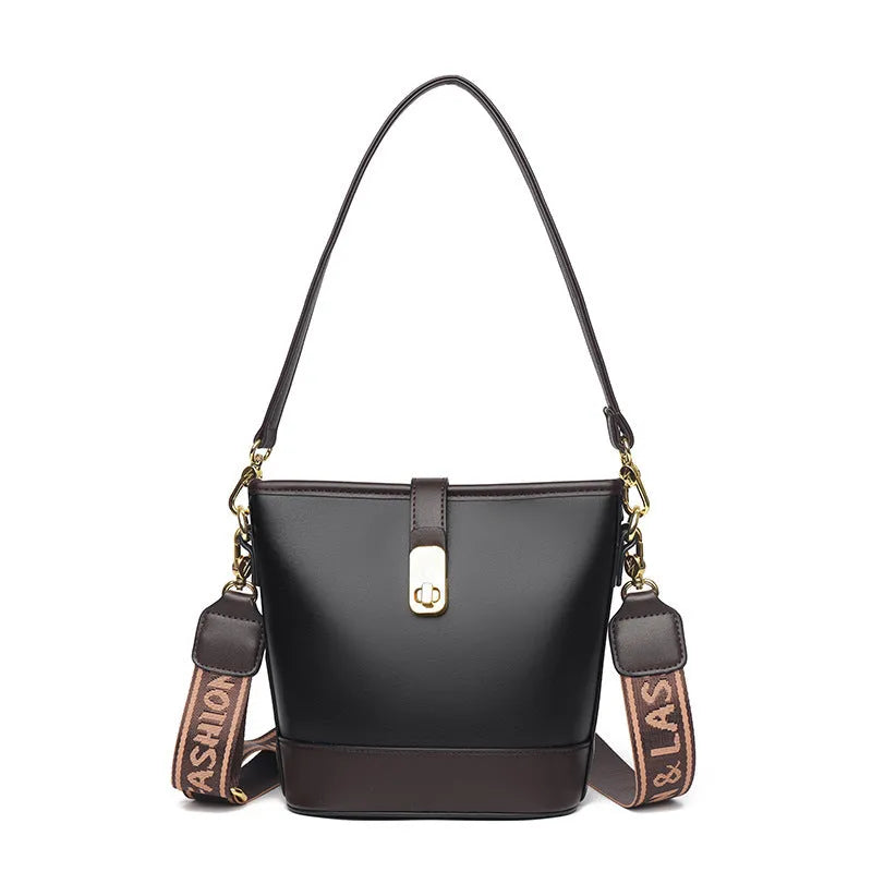 Korean style soft PU leather bucket messenger bag with dual straps in black colour