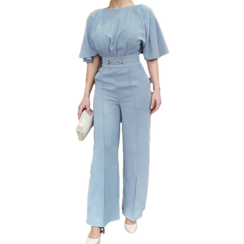 Blue men's casual two-piece suit set with long sleeve shirt and trousers on a hanger