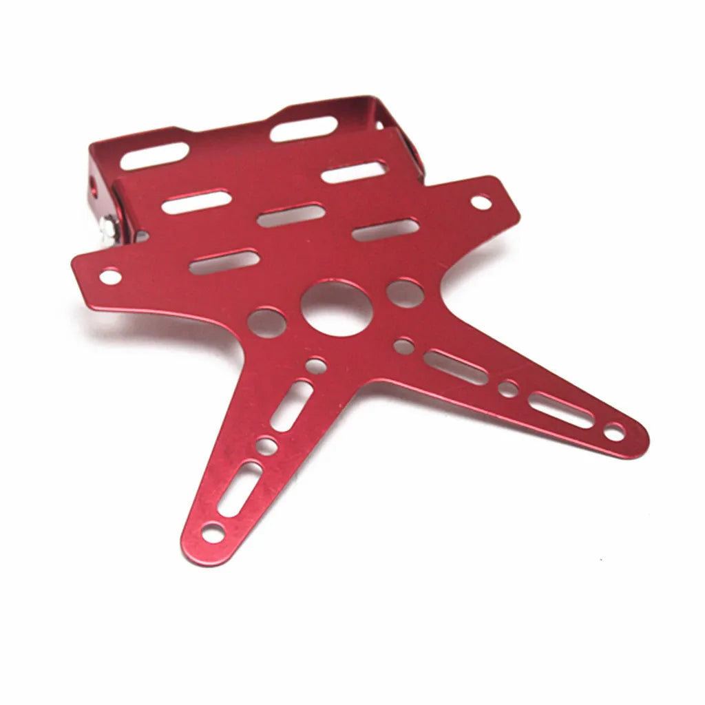 Aluminum alloy bat-shaped motorcycle license plate frame in silver, 16.8x16cm, with adjustable angle and visible mounting holes