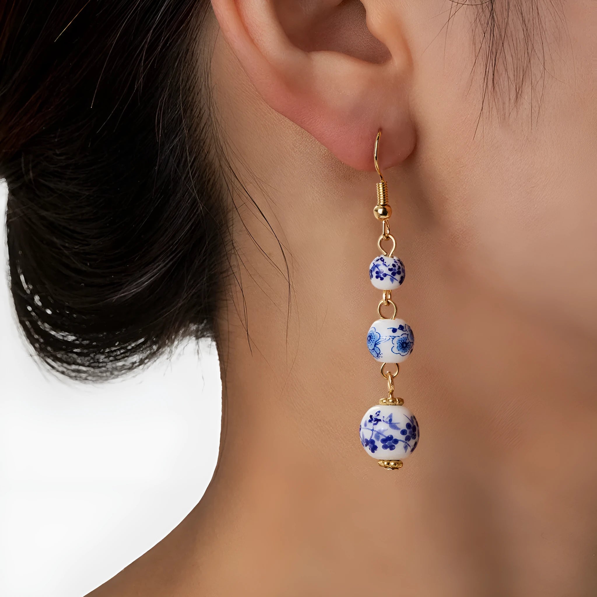 Chinese blue and white porcelain ceramic bead drop earrings with geometric round design