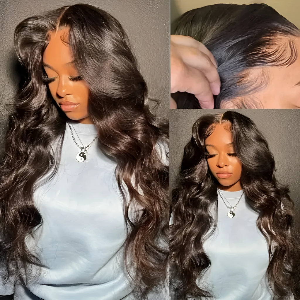Women's dark brown front lace wig with long curly hair and side bangs, exotic style.