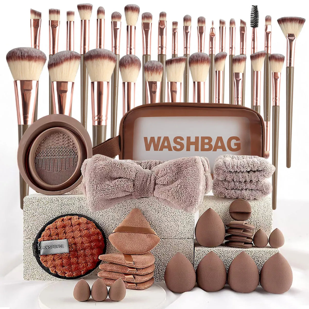 40-piece makeup brush set with hydrophilic non-latex bristles in brown, pink, and purple colour options
