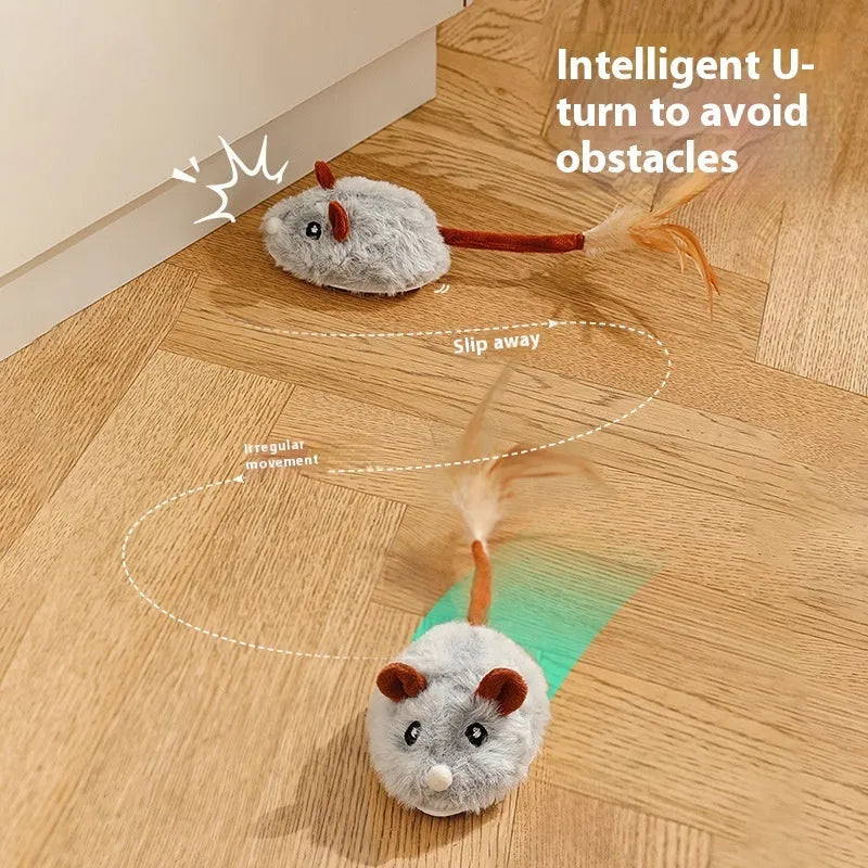 Self-charging electric mouse cat pole toy with plush mouse in pink, dark grey, or purple colours