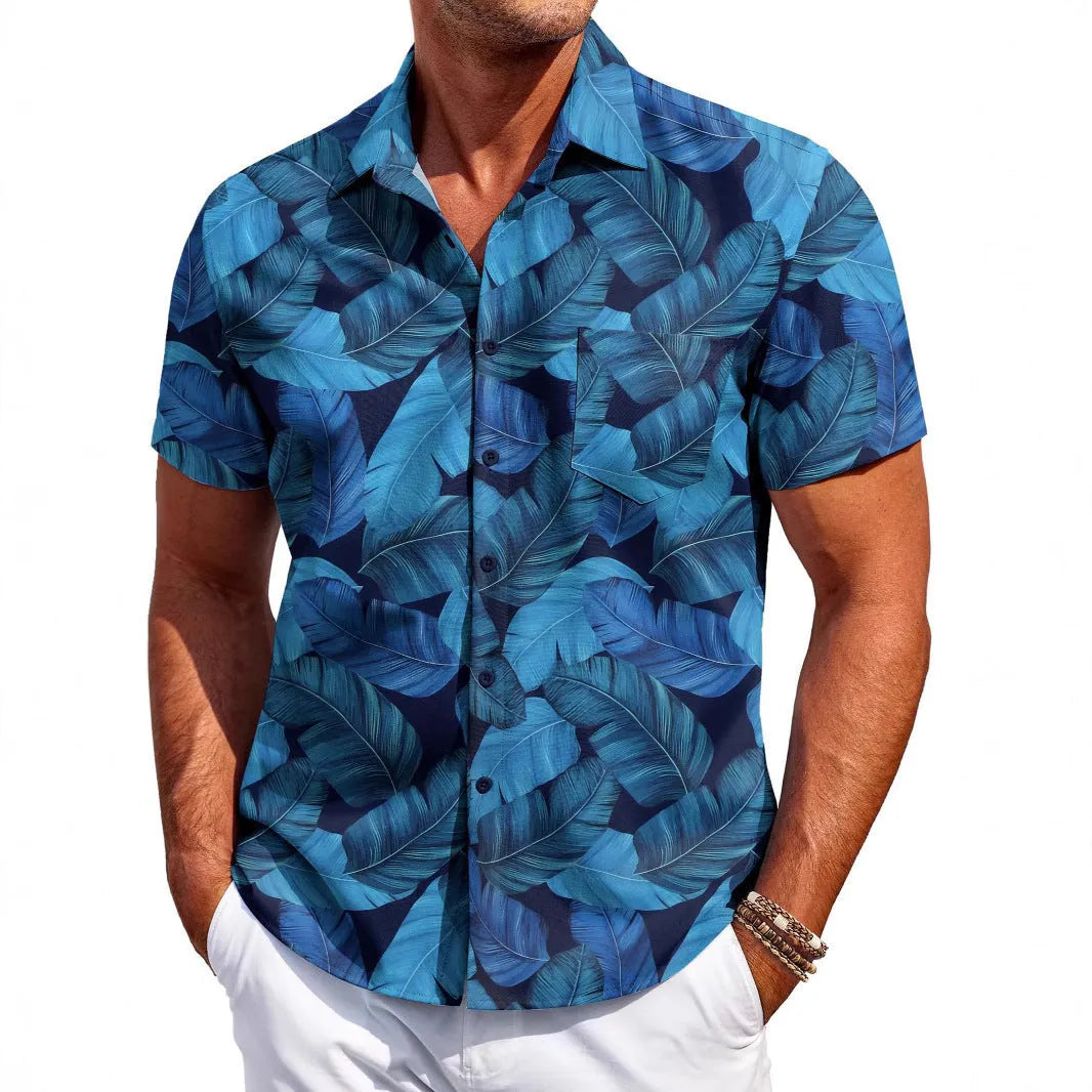 A man wearing a slim-fit short-sleeve shirt in a solid colour, showing the cardigan style and elastic fabric.