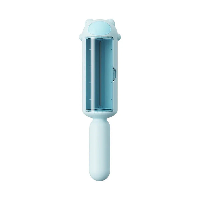 Blue reusable pet hair remover tool with self-cleaning base for furniture and car interiors