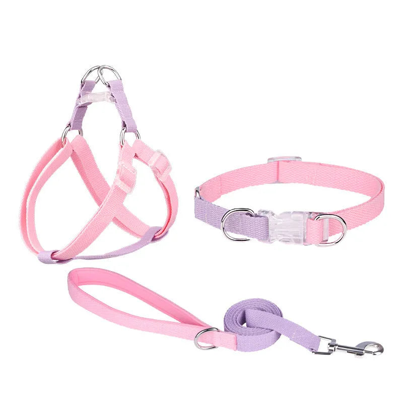 Polyester dog collar and leash set with chest strap in green and pink colour combination