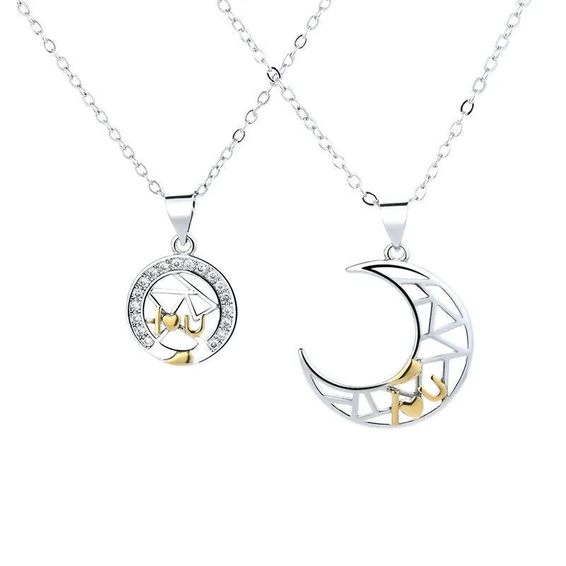 Sun moon tooth couple necklace with copper pendants and cross chain