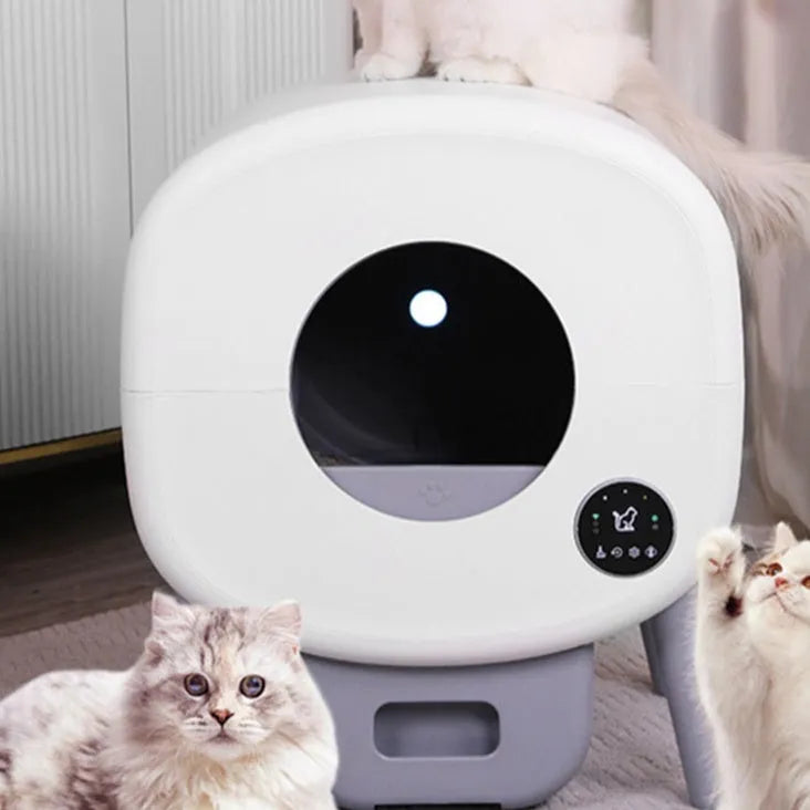 Automatic cat litter box with white ABS plastic construction and 13-litre storage capacity