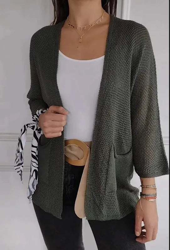 Women's waffle-textured polyester cardigan coat with nine-quarter sleeves in army green colour