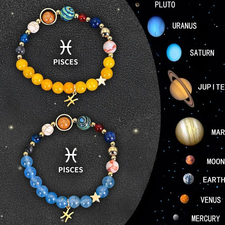 Twelve zodiac sign natural stone beaded bracelet set showing adjustable design and astrological symbols