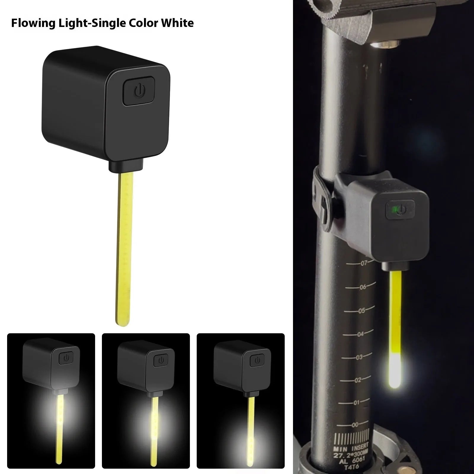 Plug-in bicycle safety taillight with running water LED flashing sequence mounted on a bike seat tube.