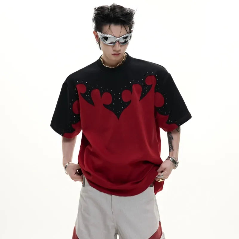 Men's grey short sleeve shirt with a raised burnt flower design and rhinestone detail on the chest.