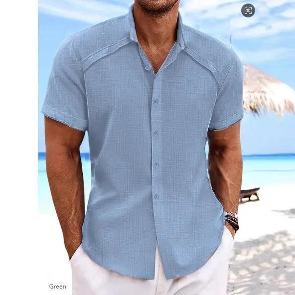 Hawaiian casual short sleeve solid colour cotton blend shirt in matcha green on a hanger