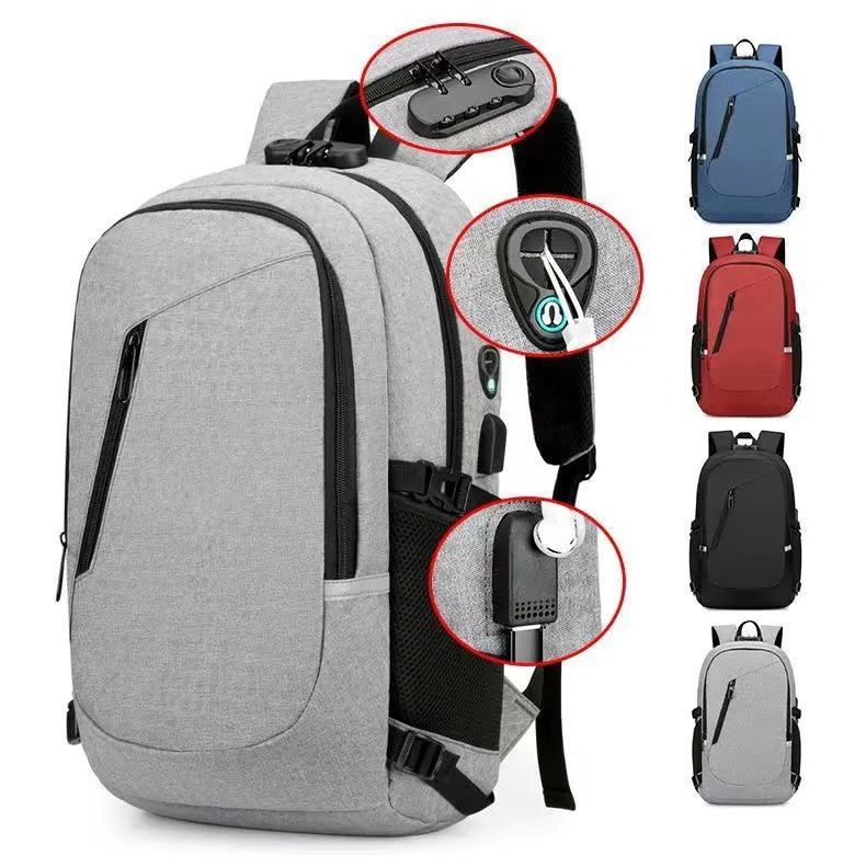 Grey Oxford cloth computer backpack with street trend style, shown with laptop compartment and front pocket.