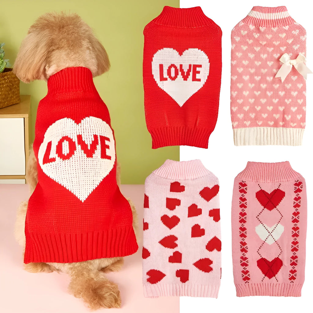 Acrylic knit dog sweater with bow and heart design in various colour patterns