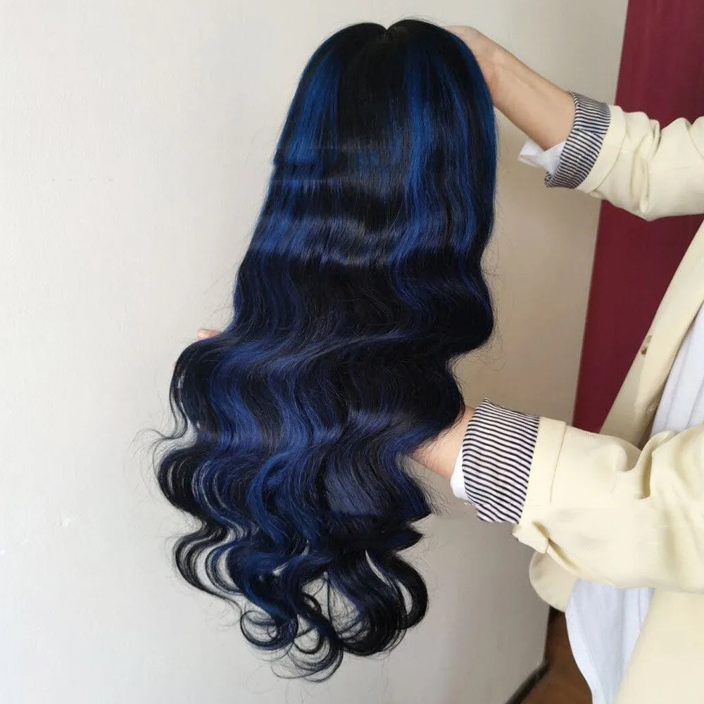 Real human hair lace front wig with 4x4 frontal on a model, demonstrating natural hairline and long hair.