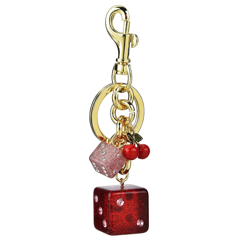 Square metal dice keychain pendant with cherry electroplated finish and keychain attachment