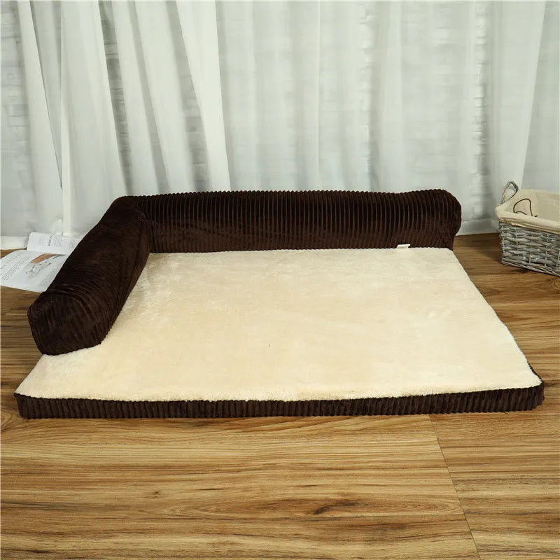 Corduroy pet sofa bed in grey colour with unilateral bolster, showing high-density sponge padding and non-slip base.